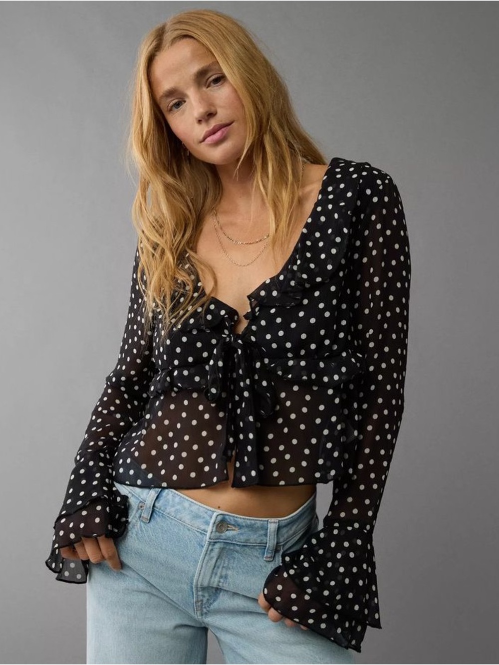 NWT American Eagle Outfitters Black Sheer Polka Dot Tie-Front Blouse